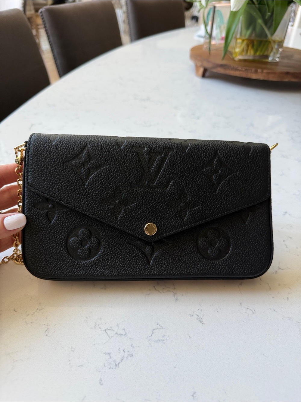Louis Vuitton Black Embossed Monogram Envelope Clutch with Gold Chain